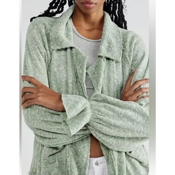 FP Beach Free People Mara Cardi •M• Terry Taupe Pink Puff Sleeve Tassel Jacket - Picture 4 of 15